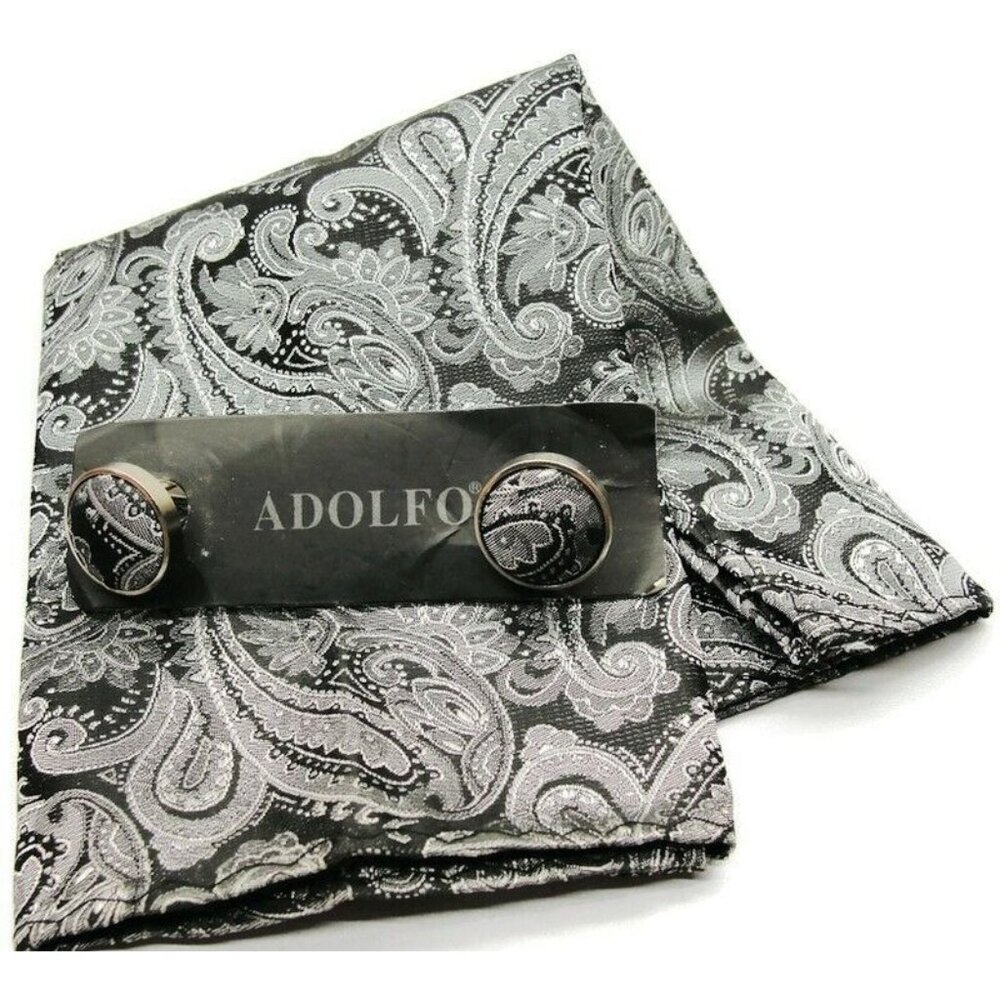 Adolfo Cufflinks Handkerchief Set Silver Tone Black Paisleys No Box